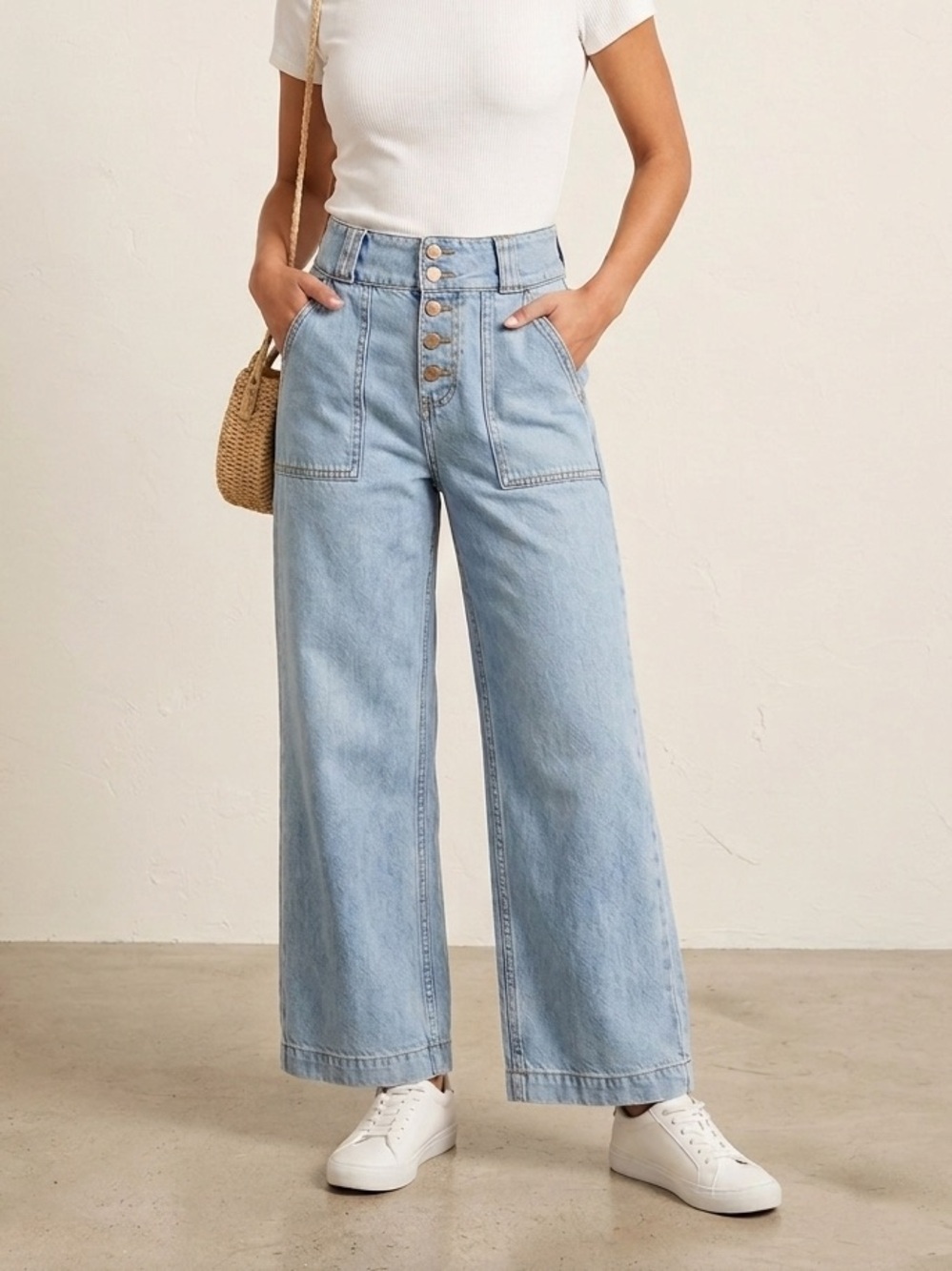 Squeeze Light Blue High-Rise Wide Leg Jeans with Button Front